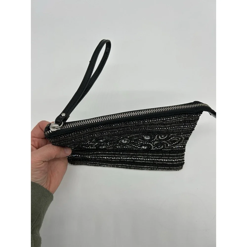 White House Black Market Black Beaded Evening Womens Wristlet Makeup Bag - Picture 4 of 9